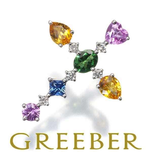 サファイア 1.70ct グリーンガーネット ダイヤ マルチカラー クロス  ペンダントトップ K18WG 