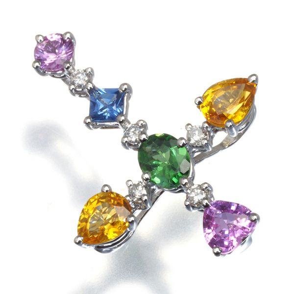 サファイア 1.70ct グリーンガーネット ダイヤ マルチカラー クロス  ペンダントトップ K18WG 