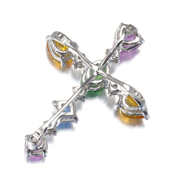 サファイア 1.70ct グリーンガーネット ダイヤ マルチカラー クロス  ペンダントトップ K18WG 