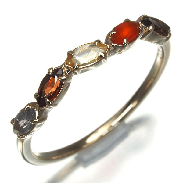 アガット リング スモーキークオーツ カーネリアン シトリン ガーネット ラブラドライト  9号 K10YG 