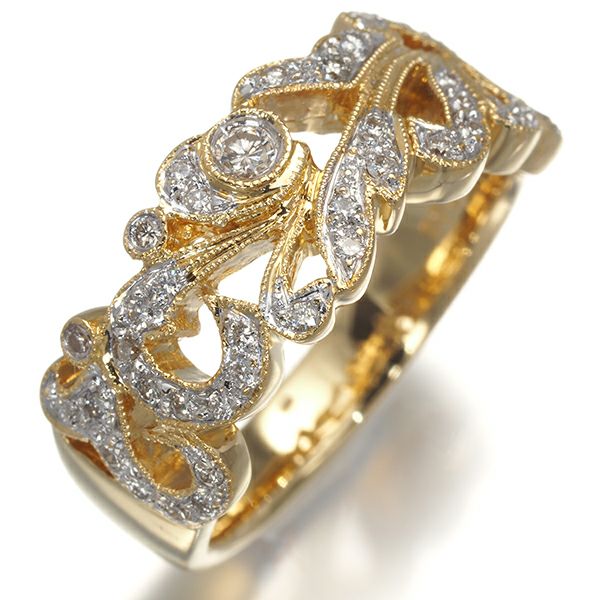 ダイヤ 0.27ct ミルグレイン リーフ 透かし  リング K18YG/WG 