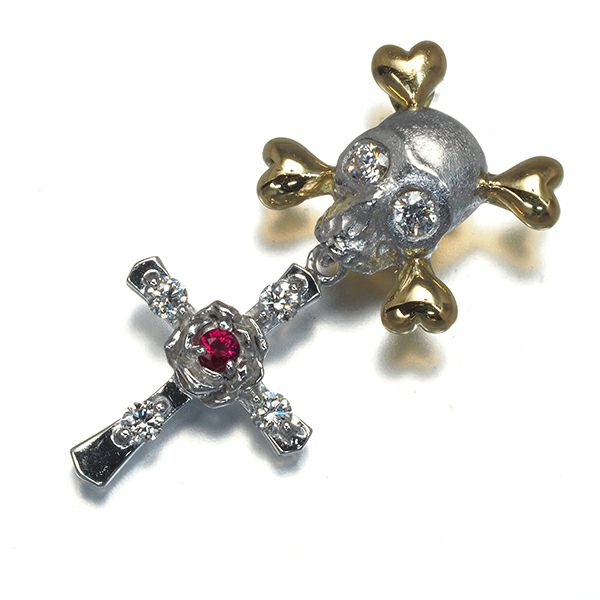 梶光夫 ブローチ ルビー ダイヤ 0.18ct  スカル クロス ピン K18YG/WG 
