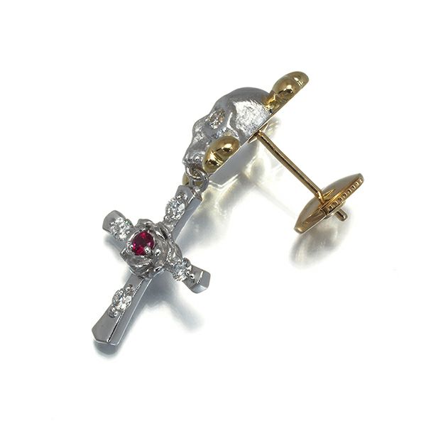 梶光夫 ブローチ ルビー ダイヤ 0.18ct  スカル クロス ピン K18YG/WG 