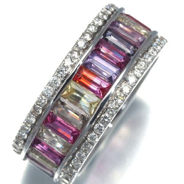 サファイア 3.23ct ダイヤ 0.57ct マルチカラー 2種カット  リング K18WG 鑑別書