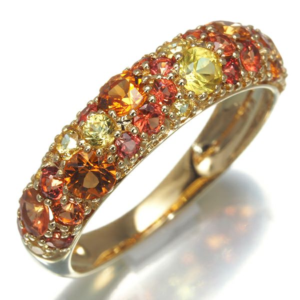 オレンジ&イエロー サファイア 1.65ct パヴェ  リング K18YG 