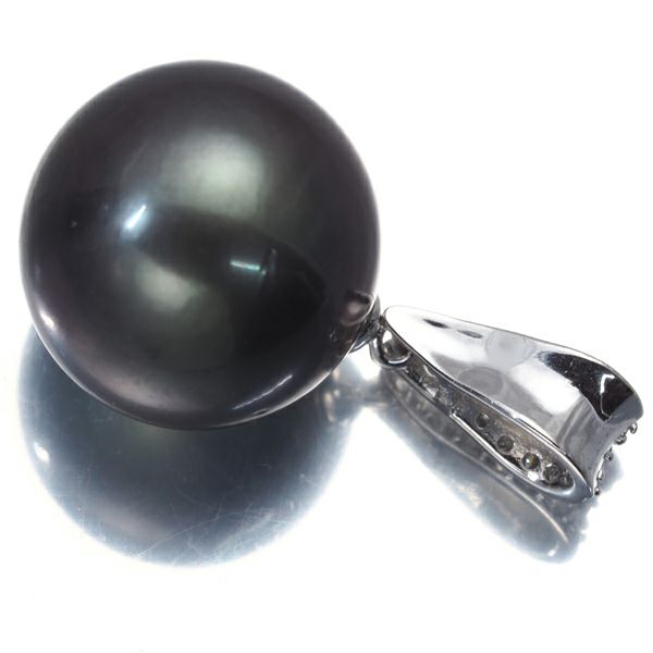 ブラックパール　黒蝶真珠 14.2mm ダイヤ 　0.13ct   ペンダントトップ K18WG 