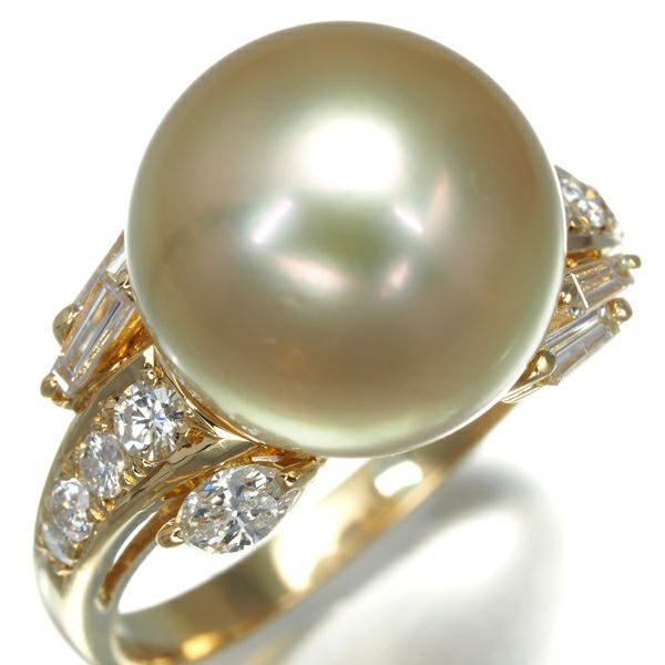 ゴールデンパール 白蝶真珠 11.8mm ダイヤ 0.58ct   リング K18YG ソーティング