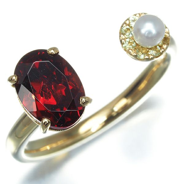 ガーネット 1.86ct ペリドット 0.08ct ベビーパール 真珠 3.0mm   リング K18YG 