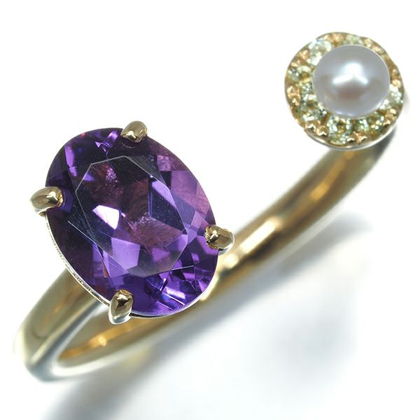 アメジスト 1.20ct ペリドット 0.08ct ベビーパール 真珠 3.0mm   リング K18YG 