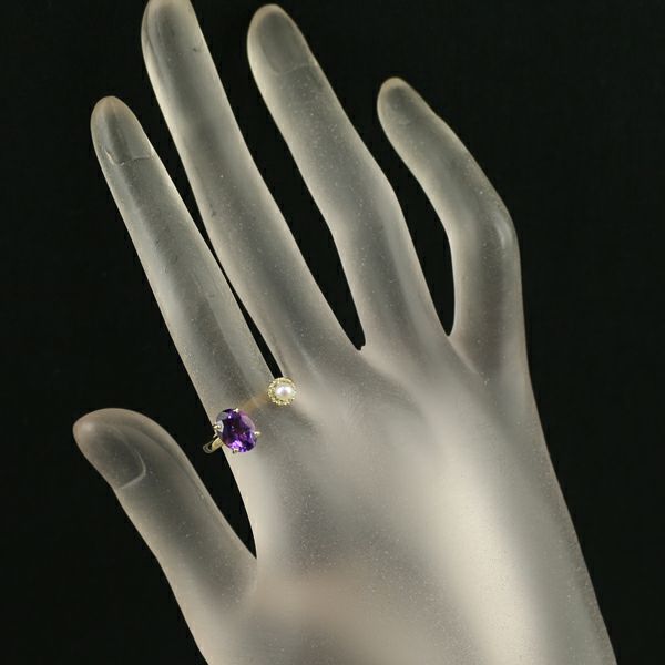 アメジスト 1.20ct ペリドット 0.08ct ベビーパール 真珠 3.0mm   リング K18YG 