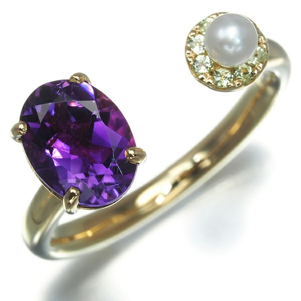 アメジスト 1.19ct ペリドット 0.08ct ベビーパール 真珠 3.0mm   リング K18YG 