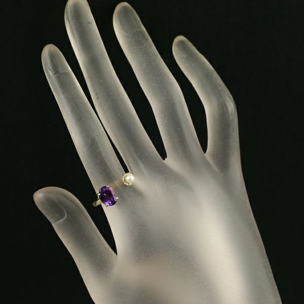アメジスト 1.19ct ペリドット 0.08ct ベビーパール 真珠 3.0mm   リング K18YG 