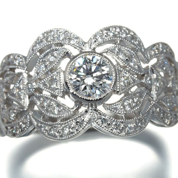 ダイヤ 0.407ct/0.26ct ミルグレイン 透かし リング Pt900 