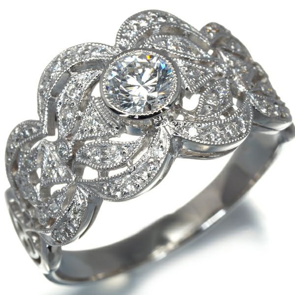 ダイヤ 0.407ct/0.26ct ミルグレイン 透かし リング Pt900 
