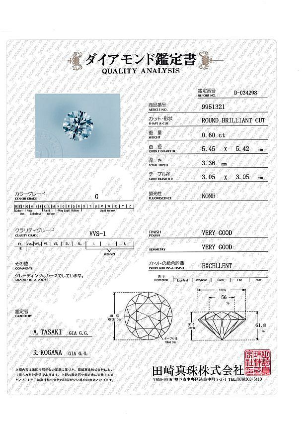 タサキ リング ダイヤ 0.60ct G VVS1 EX/0.40ct ソリティア 12号 Pt1000 鑑定書