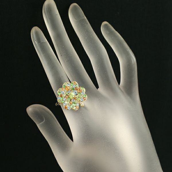 スフェーン 0.24ct ガーネット 1.21ct ペリドット トパーズ フラワーリング K18YG 