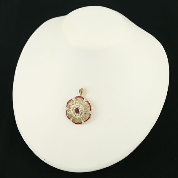 ルビー 1.54ct ダイヤ 0.41ct 透かし ミルグレイン  ブローチ兼ペンダントトップ K18YG/WG