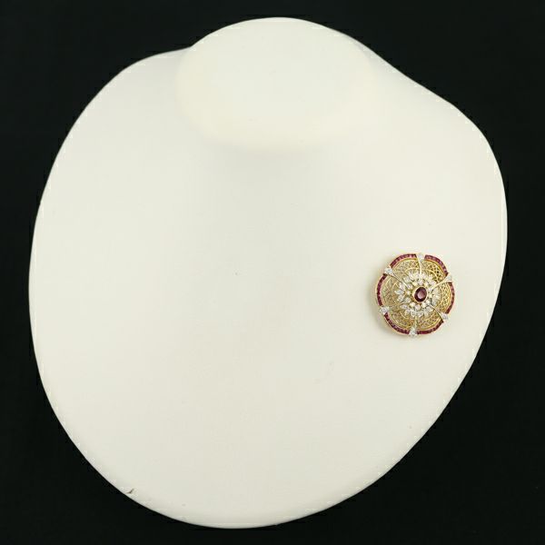 ルビー 1.54ct ダイヤ 0.41ct 透かし ミルグレイン  ブローチ兼ペンダントトップ K18YG/WG