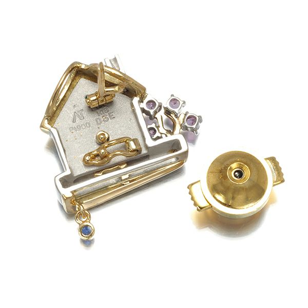 AsTime 石川暢子 ブローチ兼ペンダントトップ エメラルド サファイア ダイヤ 水車 Pt900/K18YG