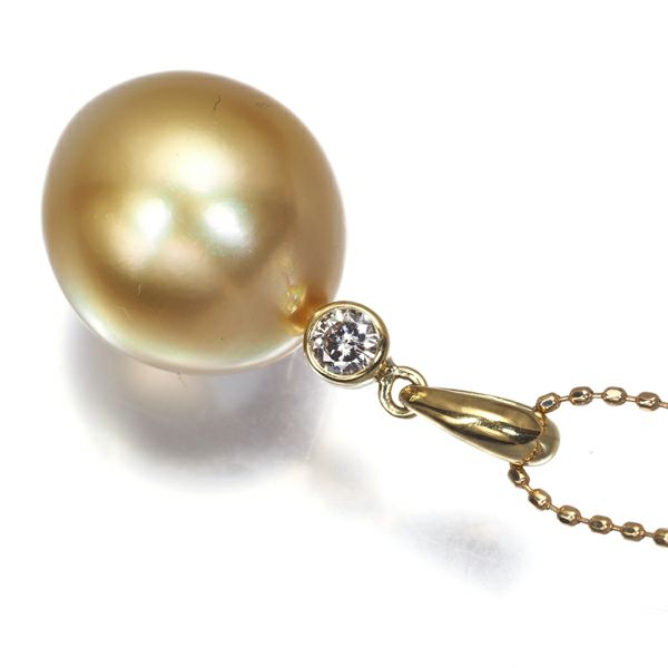 ゴールデンパール 白蝶真珠 11.9mm ダイヤ 0.08ct 一粒  ネックレス K18YG ソーティング
