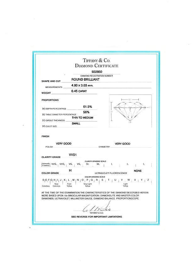 ティファニー リング ダイヤ 0.45ct H VVS1 ソリティア 11号 K18YG/Pt950 鑑定書