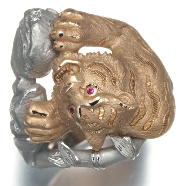 ルビー 0.009ct ダイヤ 0.10ct 虎 アニマル 艶消し  リング K18PG/Pt900 
