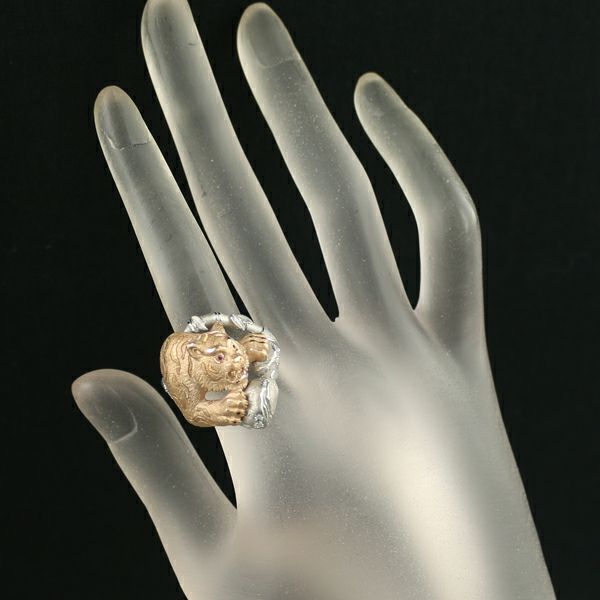 ルビー 0.009ct ダイヤ 0.10ct 虎 アニマル 艶消し  リング K18PG/Pt900 