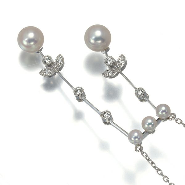 ミキモト ネックレス パール アコヤ真珠 3.4-6.4mm ダイヤ  リーフ ミルグレイン 揺れる K18WG 
