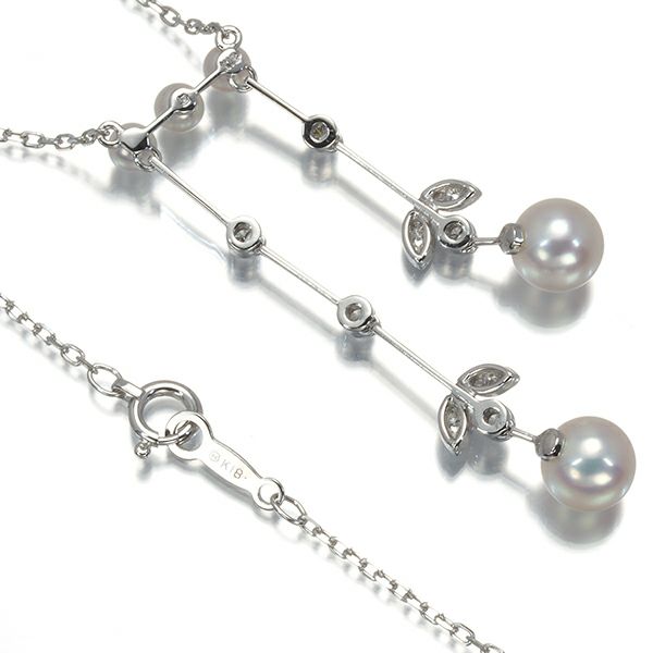 ミキモト ネックレス パール アコヤ真珠 3.4-6.4mm ダイヤ  リーフ ミルグレイン 揺れる K18WG 
