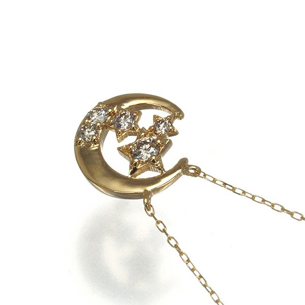 ダイヤ 0.10ct スター ムーン  ネックレス K18YG 