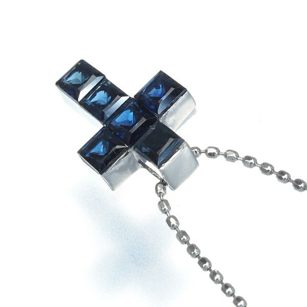 サファイア 0.70ct ミステリーセッティング クロス  ネックレス K18WG 