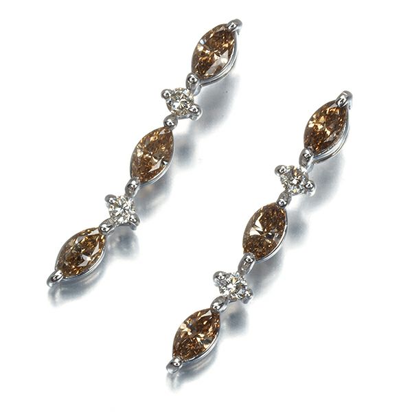 ブラウン&クリアダイヤ 0.43ct/0.07ct マーキスカット 2種カット ピアス K18WG/K14WG 