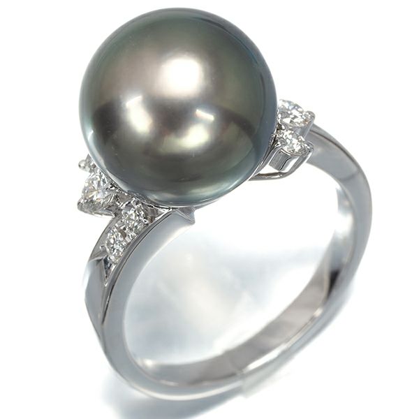 タサキ リング ブラックパール 黒蝶真珠 12.1mm ダイヤ 0.21ct  12号 Pt900 ソーティング